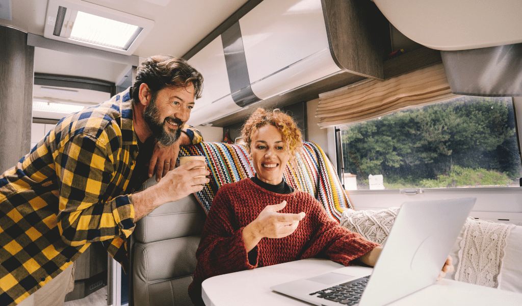 happy couple in tiny home